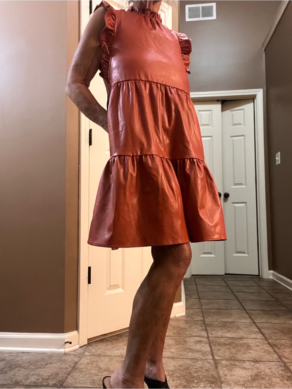 THML Rust Ruffle Neck Tiered Faux Leather Dress Fabulous!!!! - Picture 7 of 7